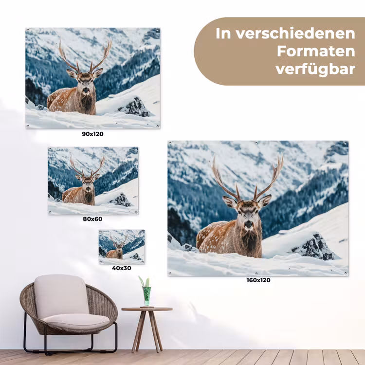 Hert - Landschap - Winter - Natuur - Dieren - Bergen tuinposter los doek klein -Xsfeer9_DE
