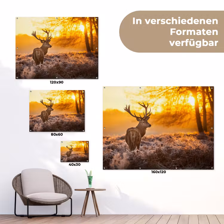 Hert - Dieren - Zonsondergang - Winter - Heide - Natuur tuinposter los doek klein -Xsfeer9_DE