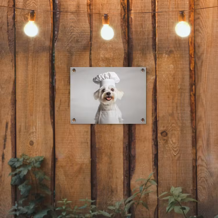 Hond - Wit - Kok tuinposter los doek klein -sfeer1