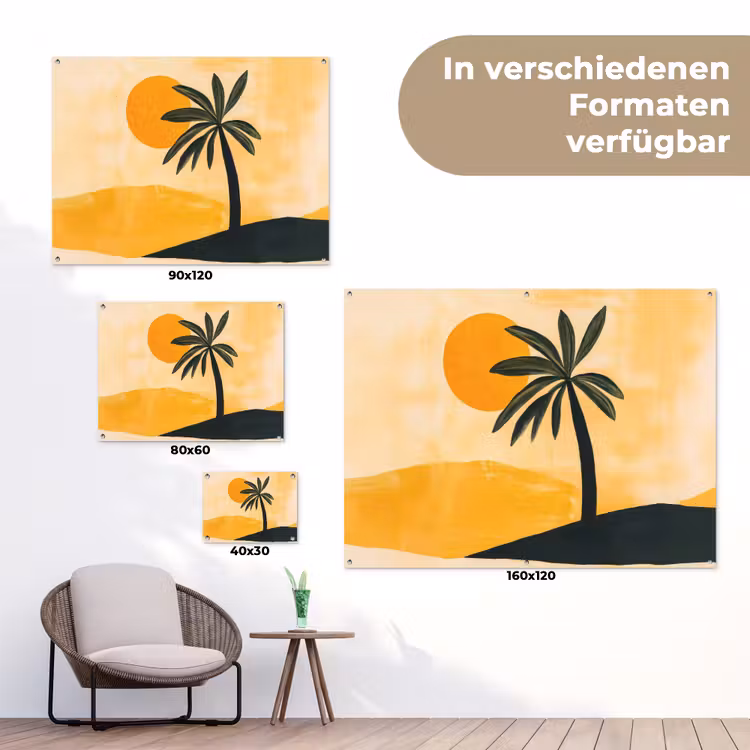 Illustratie - Palmboom - Zon - Heuvels tuinposter los doek klein -Xsfeer9_DE