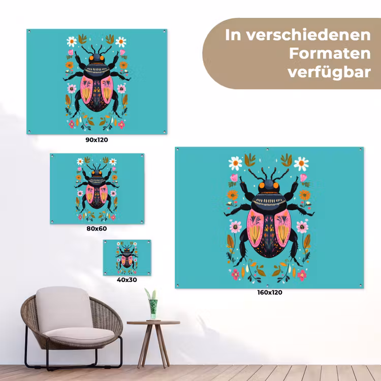 Kever - Bloemmotieven - Turquoise - Bladeren tuinposter los doek klein -Xsfeer9_DE