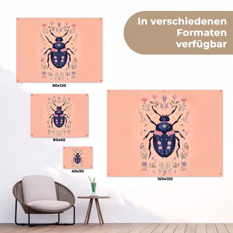 Kever - Donkerblauw - Bloemen - Sierlijk tuinposter los doek klein -Xsfeer9_DE