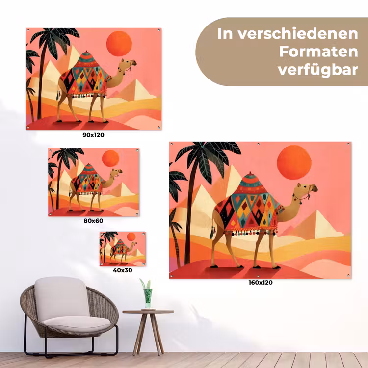Kameel - Pyramides - Rode zon tuinposter los doek klein -Xsfeer9_DE