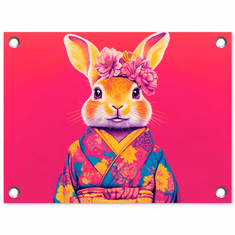 Konijn - Bloemen - Kleurrijk - Kimono tuinposter los doek klein -3d