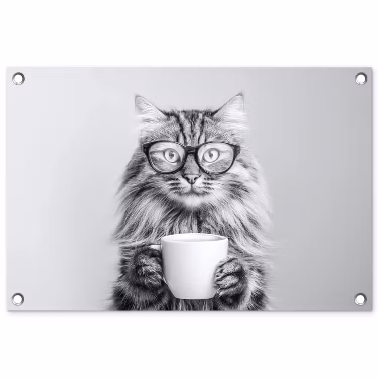 Kat - Bril - Mok - Pluizig tuinposter los doek klein -3d