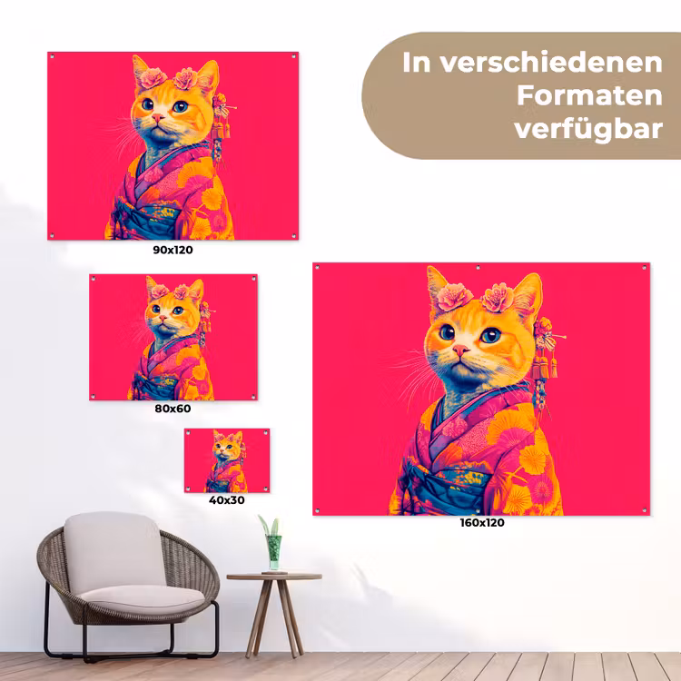 Kat - Kimono - Bloemen - Roze tuinposter los doek klein -Xsfeer9_DE