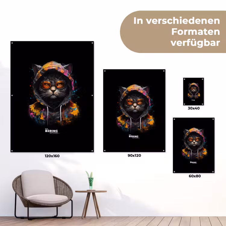 Kat met kleurrijk vest en oranje bril tuinposter los doek klein -Xsfeer9_DE