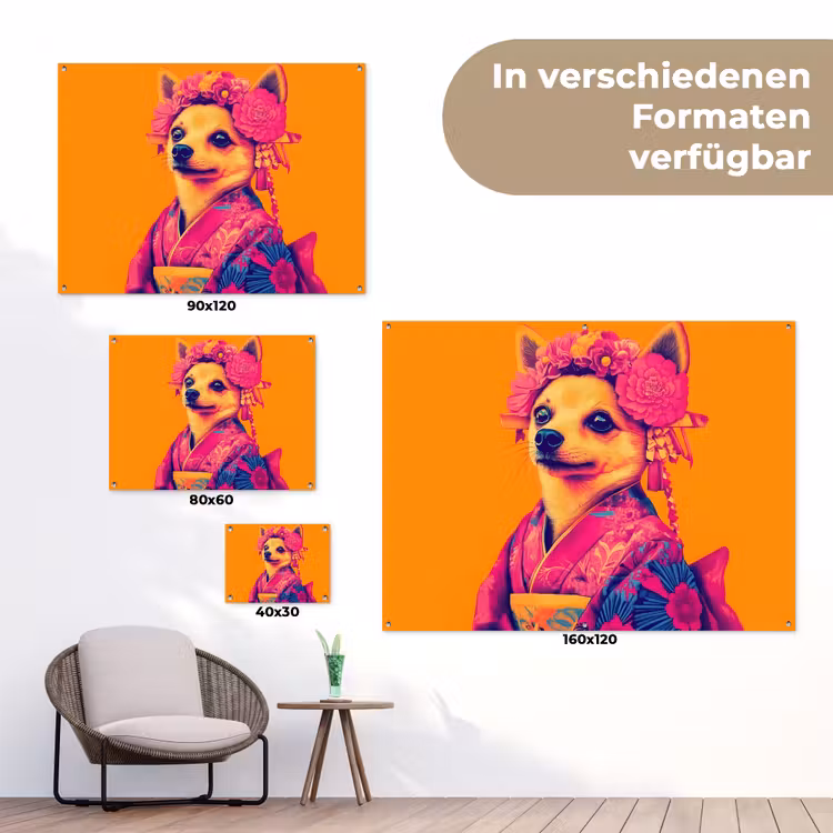 Kimono - Hondje - Bloemenkroon - Oranje tuinposter los doek klein -Xsfeer9_DE