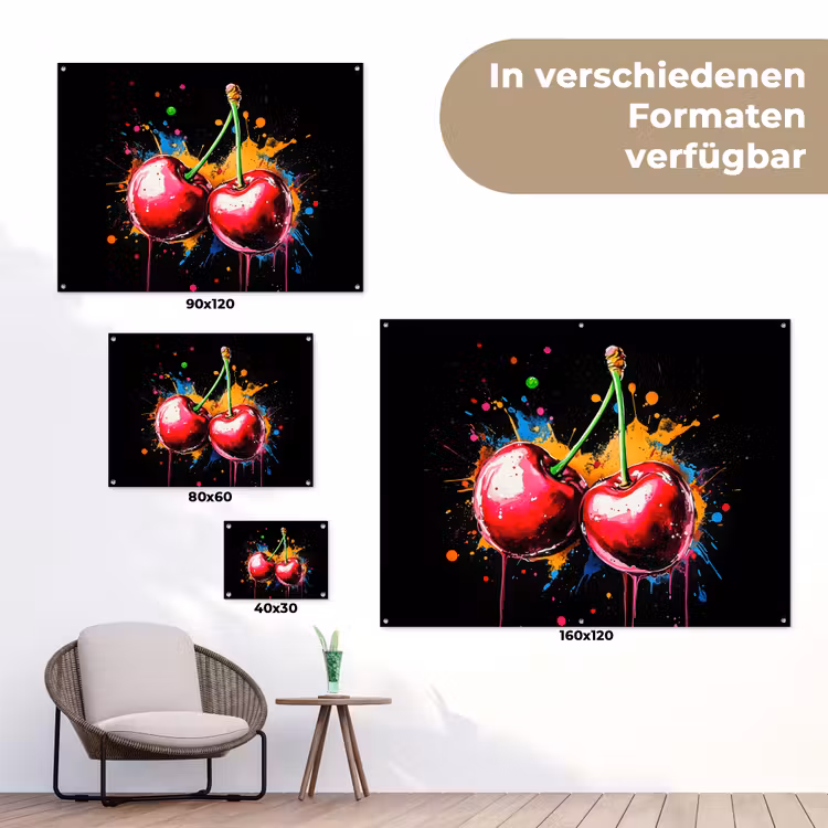 Kersen - Fruit - Graffiti - Verf - Abstract - Modern - Kleurrijk tuinposter los doek klein -Xsfeer9_DE