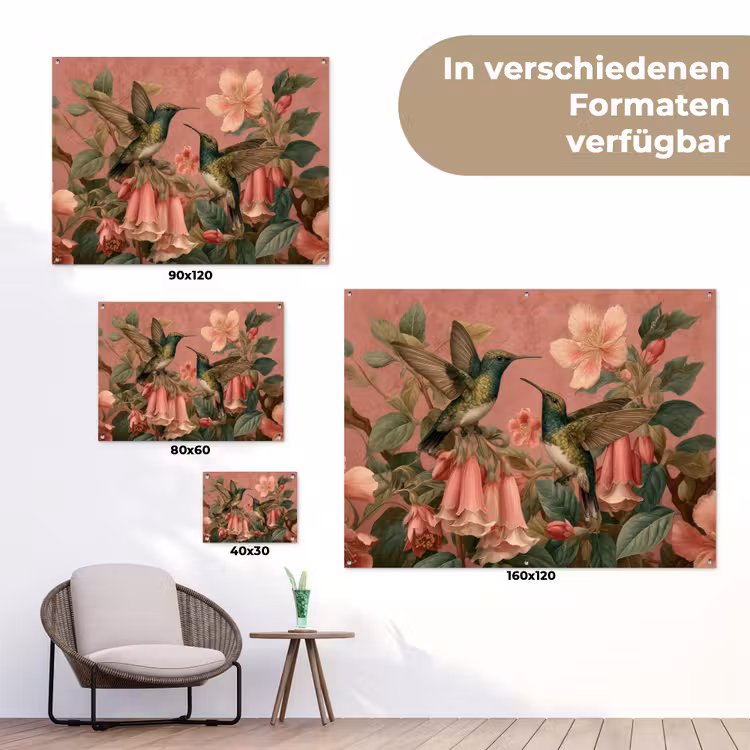 Kolibries - Bloemen - Groen - Roze tuinposter los doek klein -Xsfeer9_DE