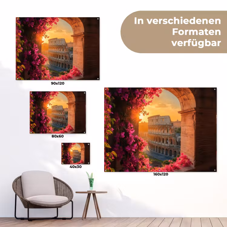 Colosseum - Rome - Roze Bloemen tuinposter los doek klein -Xsfeer9_DE