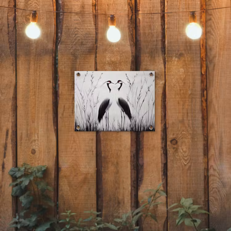 Kraanvogels - Gras - Hartvorm - Zwart tuinposter los doek klein -sfeer1