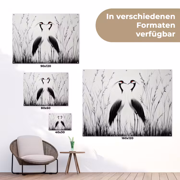 Kraanvogels - Gras - Hartvorm - Zwart tuinposter los doek klein -Xsfeer9_DE