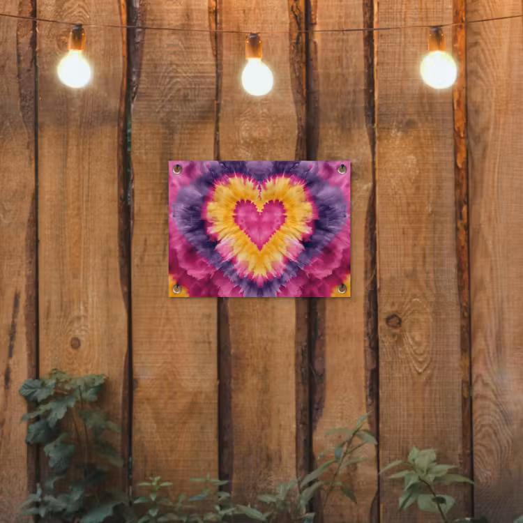 Tie dye - Hartvorm - Vlammen - Oranje tuinposter los doek klein -sfeer1