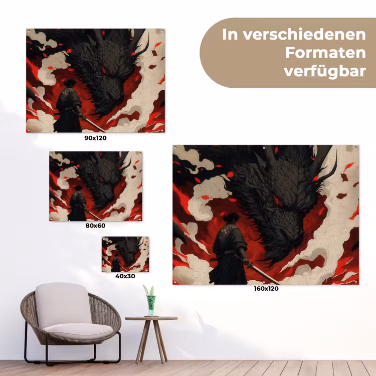 Krijger - Draak - Zwart - Rood - Rook tuinposter los doek klein -Xsfeer9_DE
