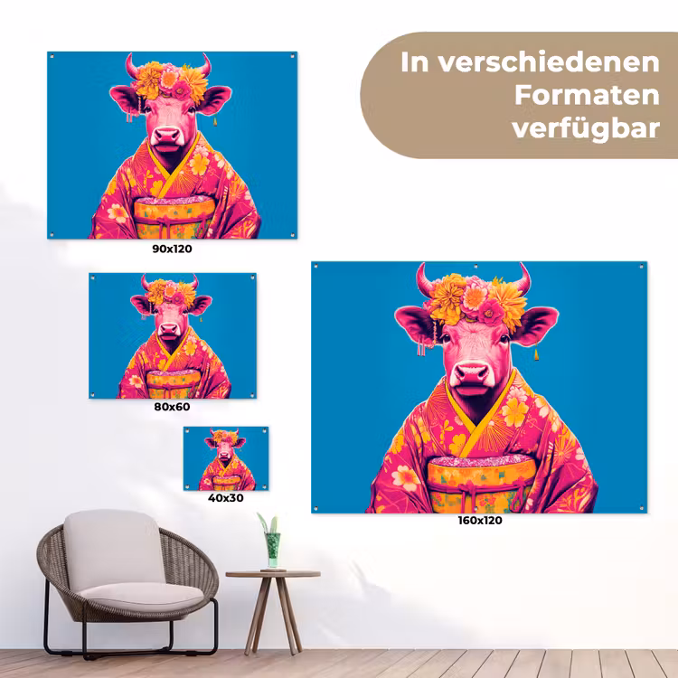 Koe - Bloemenkrans - Oorhangers - Kimono tuinposter los doek klein -Xsfeer9_DE