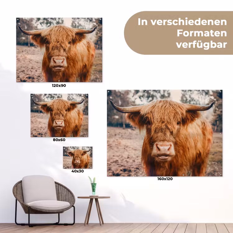 Koe- Schotse hooglander - Hoorns - Bruin - Landschap tuinposter los doek klein -Xsfeer9_DE