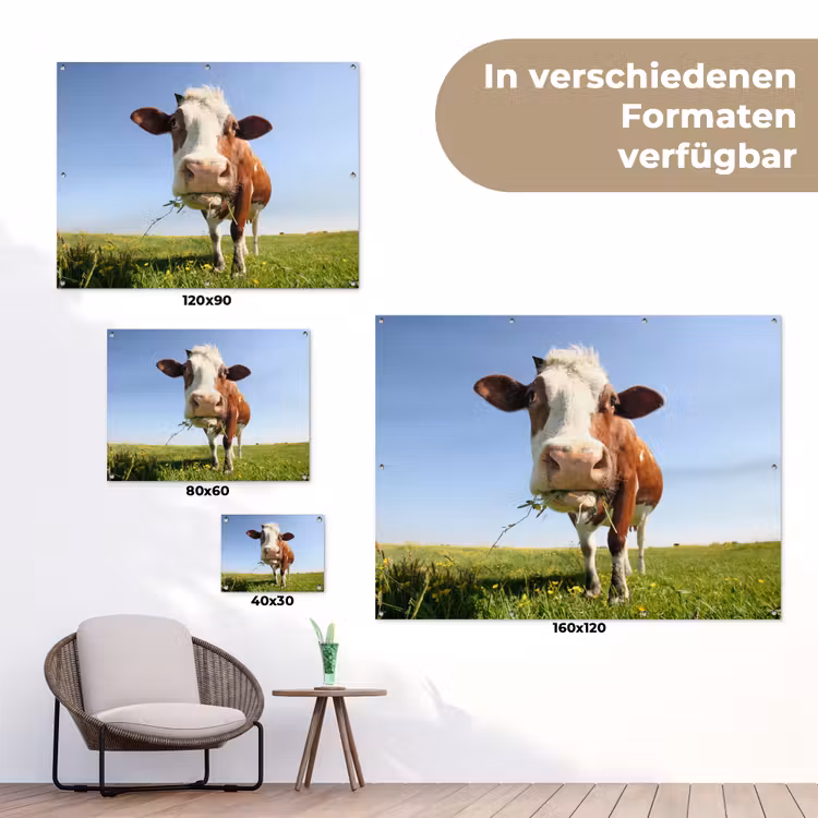 Koe - Dieren - Bloemen - Gras tuinposter los doek klein -Xsfeer9_DE