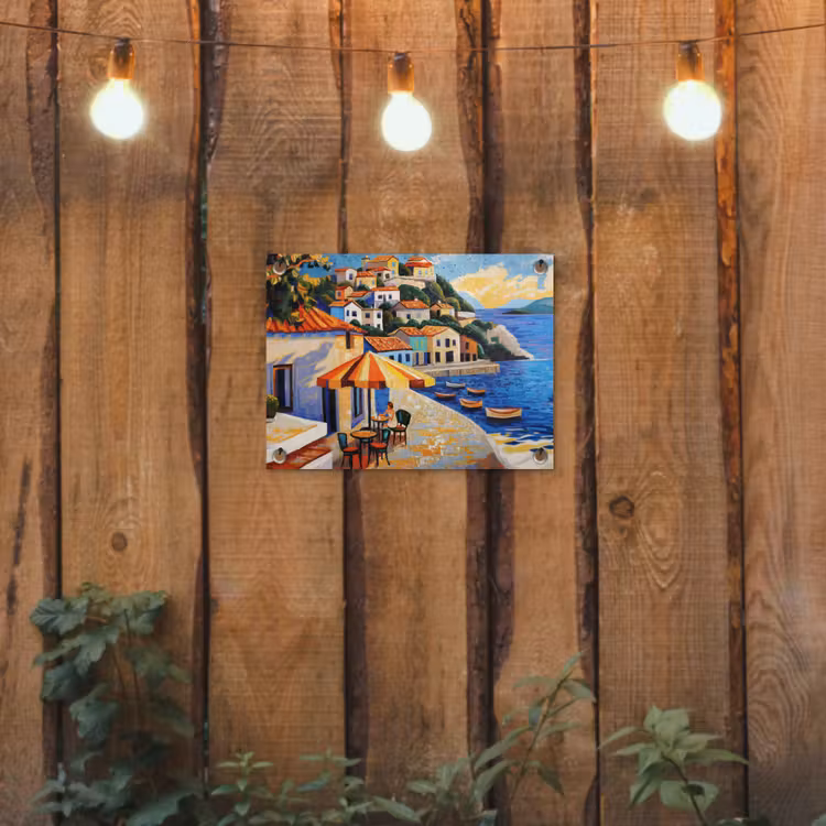 Kustdorp - Huisjes - Mozaïek - Zee tuinposter los doek klein -sfeer1