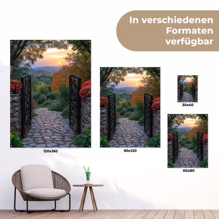 Landschap - Hek - Pad - Zonsondergang - Natuur tuinposter los doek klein -Xsfeer9_DE