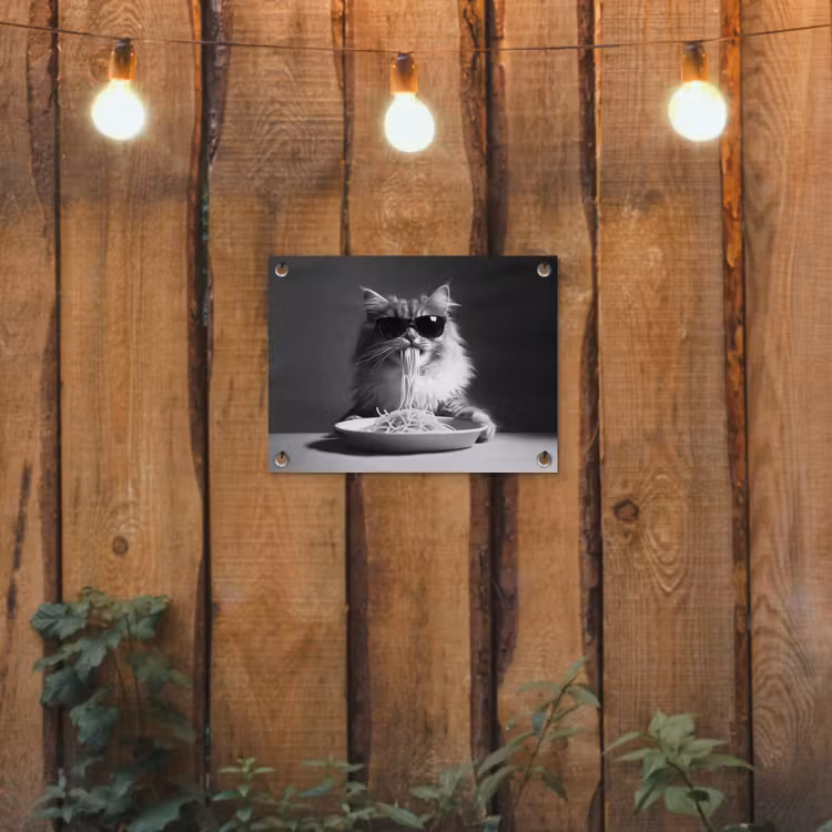 Langharige kat - Zonnebril - Spaghetti - Humor - Zwart - wit tuinposter los doek klein -sfeer1