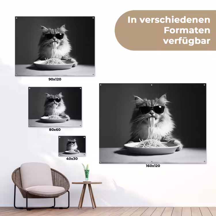 Langharige kat - Zonnebril - Spaghetti - Humor - Zwart - wit tuinposter los doek klein -Xsfeer9_DE