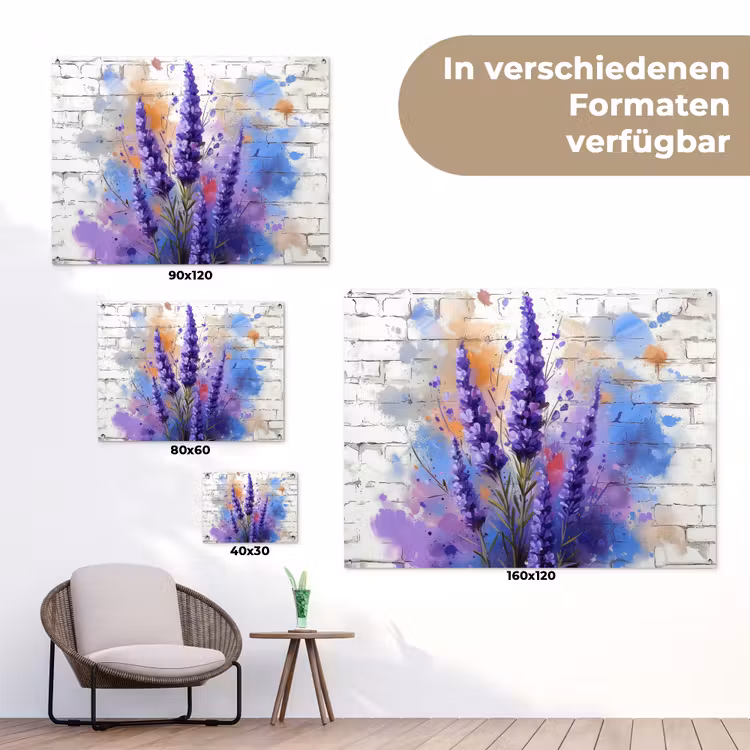 Lavendel op Witte Bakstenen Muur tuinposter los doek klein -Xsfeer9_DE
