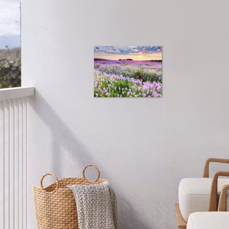 Lavendel - Bloemen - Zonsondergang - Paars - Weide tuinposter los doek klein -sfeer8