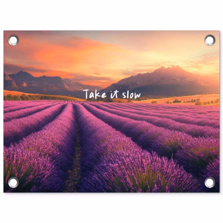 Lavendelveld - Quote - Zonsondergang tuinposter los doek klein -3d