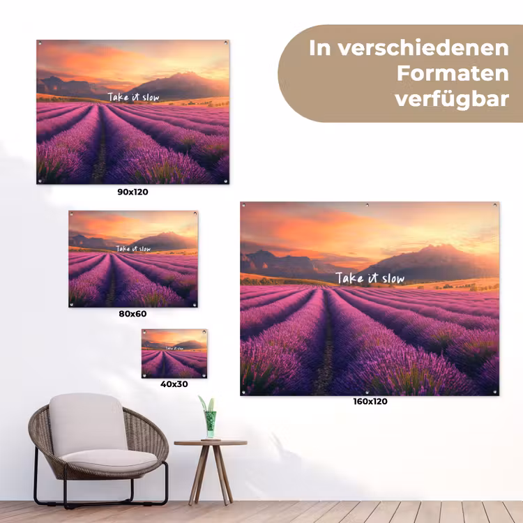 Lavendelveld - Quote - Zonsondergang tuinposter los doek klein -Xsfeer9_DE
