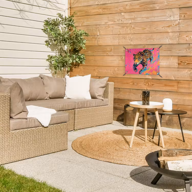Luipaard - Roze - Oranje - Blauw - Verf tuinposter los doek klein -sfeer4