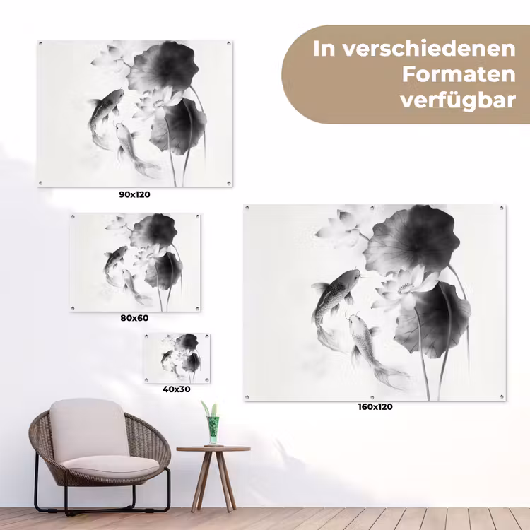 Lotusbloemen - Vissen - Bladeren - Zwart tuinposter los doek klein -Xsfeer9_DE