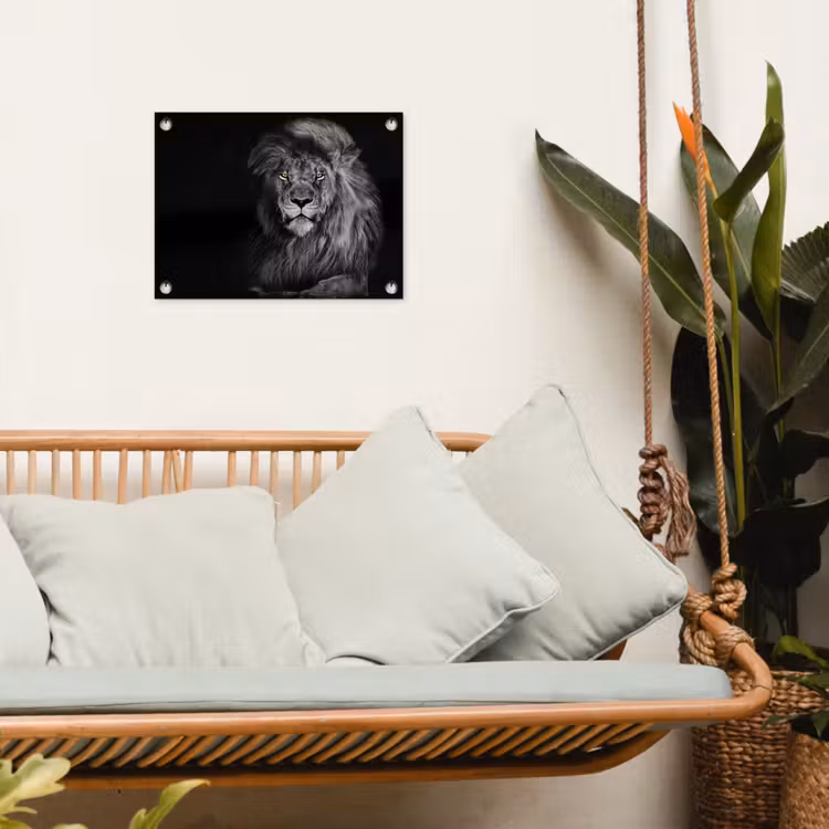Leeuw - Ogen - Oranje - Zwart wit - Dieren - Portret tuinposter los doek klein -sfeer7