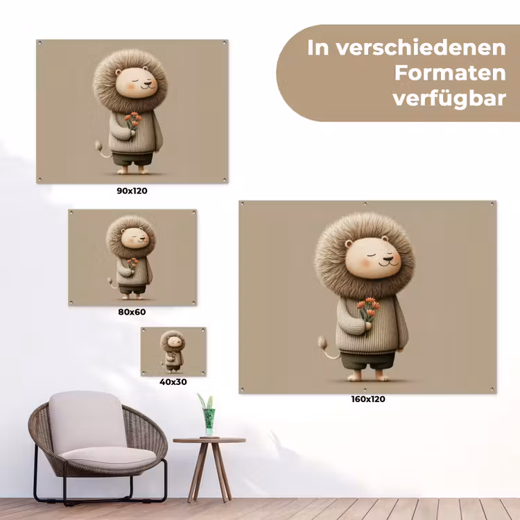 Leeuw - Oranje bloemen - Vriendelijk tuinposter los doek klein -Xsfeer9_DE