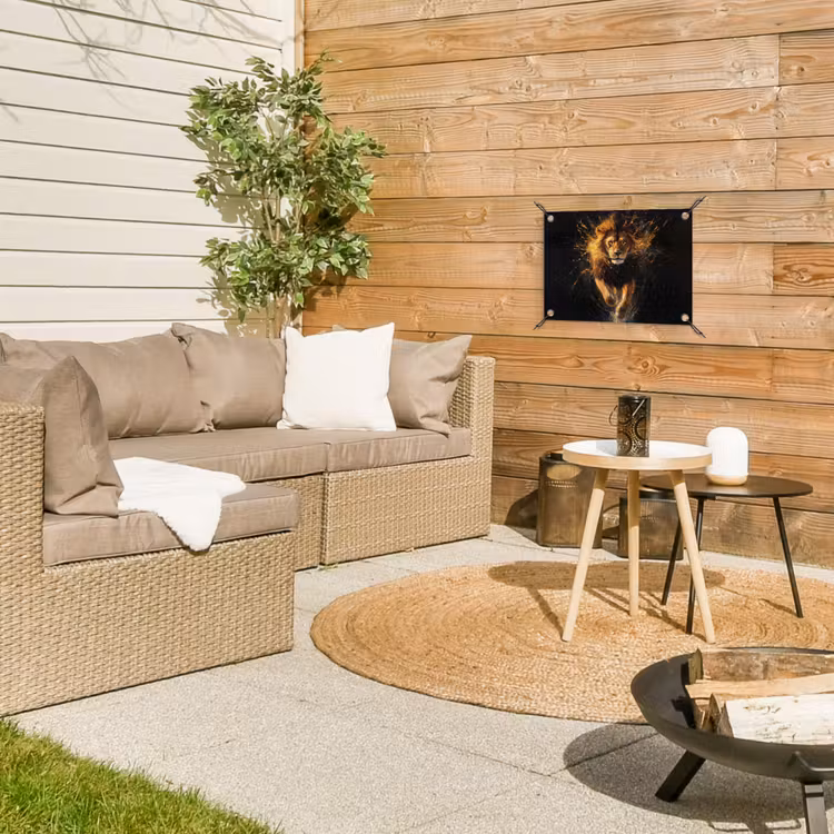 Leeuw - Zwart - Oranje - Verf tuinposter los doek klein -sfeer4