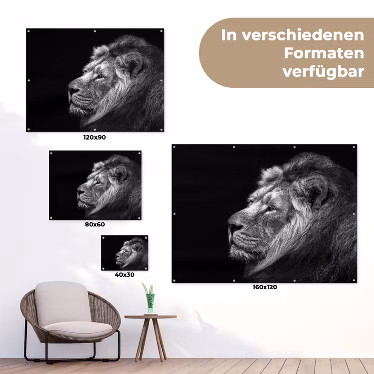 Leeuw tegen zwarte achtergrond in zwart-wit tuinposter los doek klein -Xsfeer9_DE
