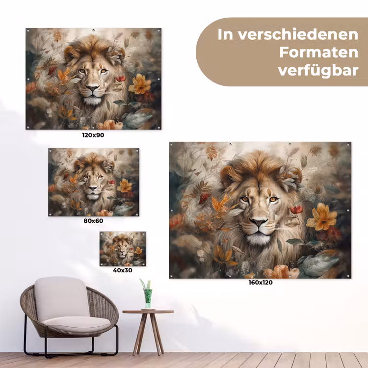Leeuw - Wilde dieren - Planten - Natuur - Bloemen tuinposter los doek klein -Xsfeer9_DE