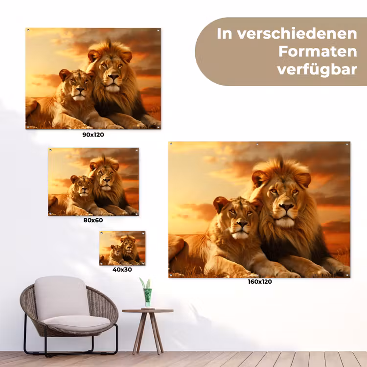 Leeuwenpaar bij zonsondergang tuinposter los doek klein -Xsfeer9_DE
