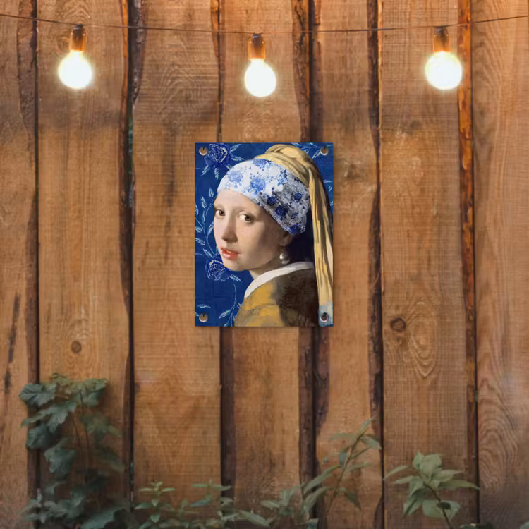 Meisje met de parel - Delfts blauw - Vermeer - Bloemen - Schilderij - Oude meesters tuinposter los doek klein -sfeer1