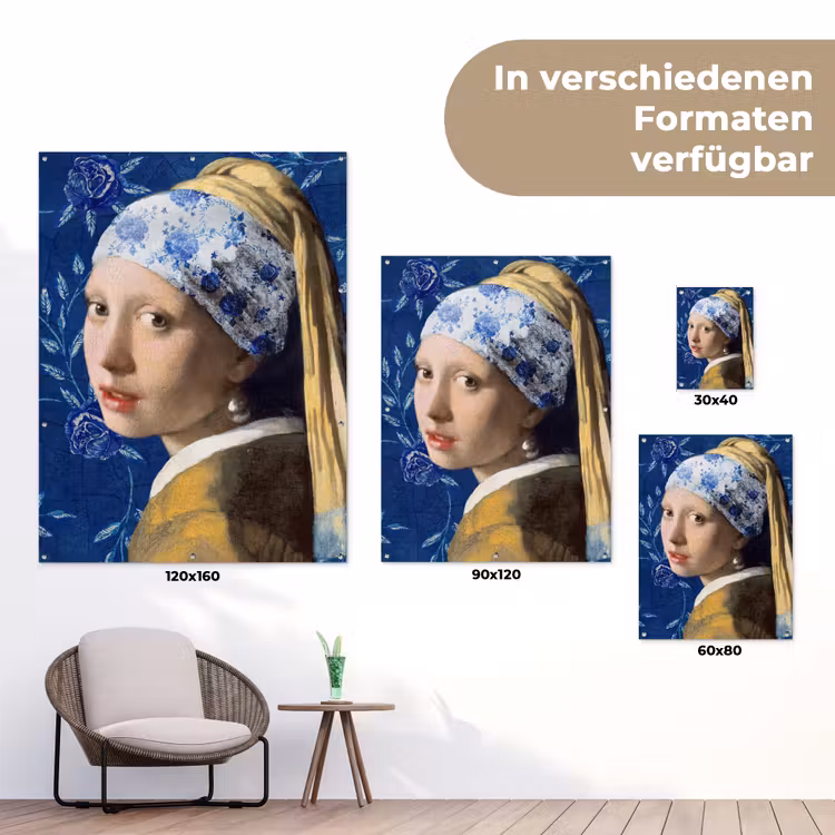Meisje met de parel - Delfts blauw - Vermeer - Bloemen - Schilderij - Oude meesters tuinposter los doek klein -Xsfeer9_DE