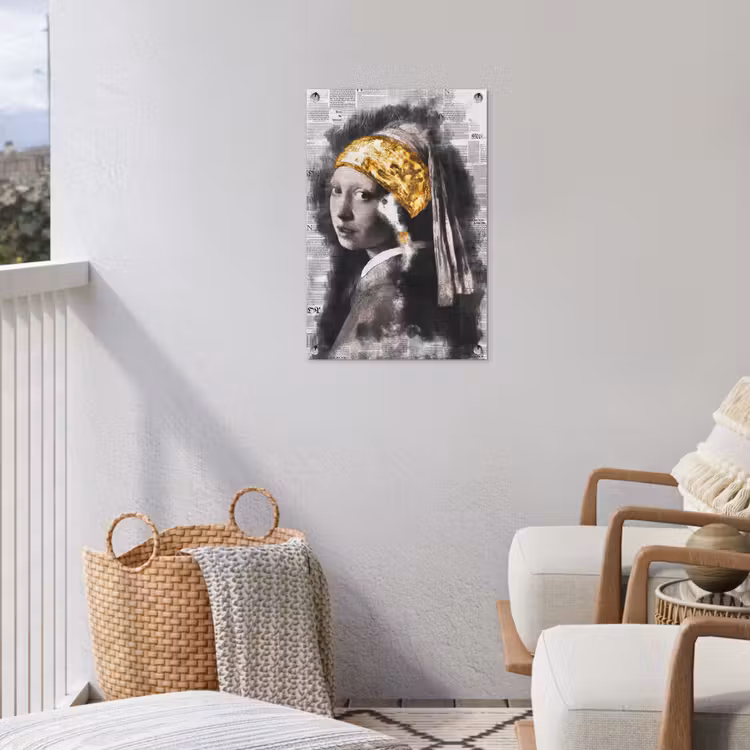 Meisje met de parel - Johannes Vermeer - Krant - Goud tuinposter los doek klein -sfeer8