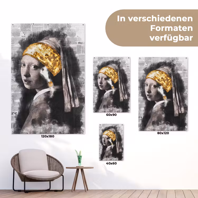 Meisje met de parel - Johannes Vermeer - Krant - Goud tuinposter los doek klein -Xsfeer9_DE