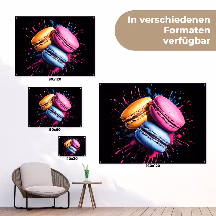 Macarons - Dessert - Graffiti - Kleurrijk - Roze - Blauw - Geel tuinposter los doek klein -Xsfeer9_DE