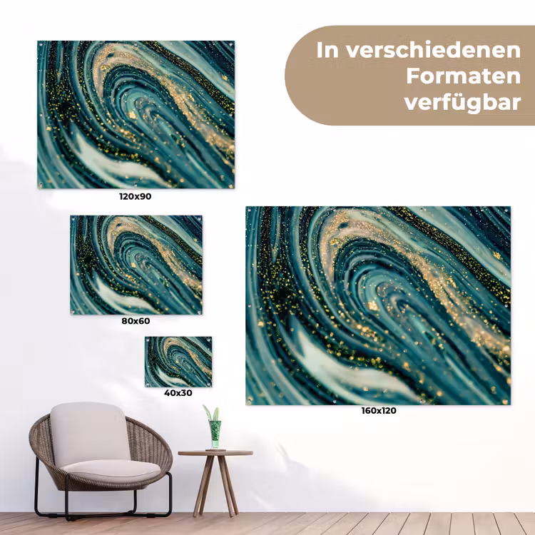 Marmerlook - Luxe - Goud - Turquoise - Glitter tuinposter los doek klein -Xsfeer9_DE