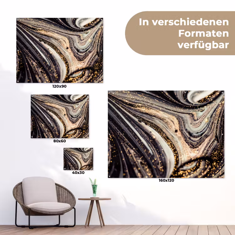 Marmerlook - Zwart - Goud - Wit - Glitter - Marmer tuinposter los doek klein -Xsfeer9_DE
