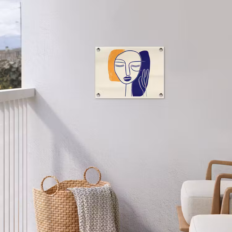 Minimalistisch - Gezicht - Hand - Oranje - Blauw tuinposter los doek klein -sfeer8