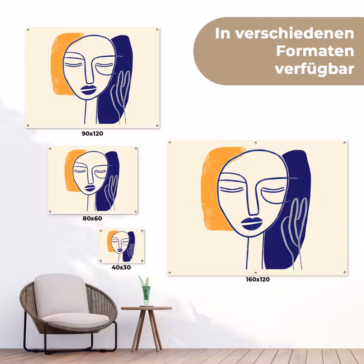 Minimalistisch - Gezicht - Hand - Oranje - Blauw tuinposter los doek klein -Xsfeer9_DE