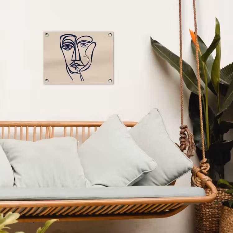Minimalistisch - Lijnillustratie - Beige - Donkerblauw tuinposter los doek klein -sfeer7