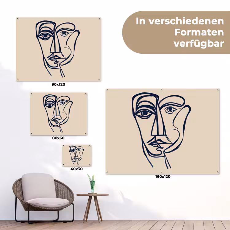Minimalistisch - Lijnillustratie - Beige - Donkerblauw tuinposter los doek klein -Xsfeer9_DE
