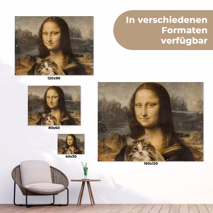 Mona Lisa - Kat - Leonardo da Vinci - Vintage - Kunstwerk - Oude meesters - Schilderij tuinposter los doek klein -Xsfeer9_DE